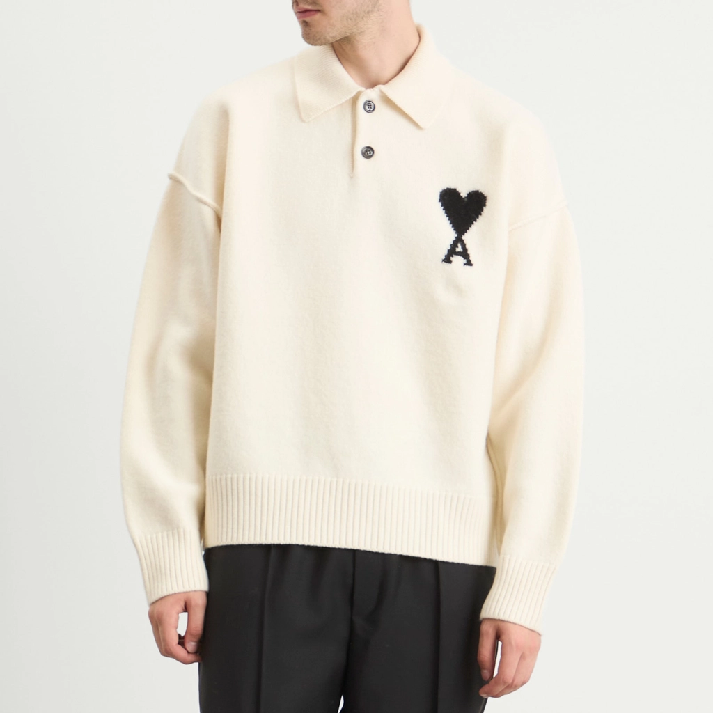 AMI Paris Men's Felted Merino Wool Knit ADC Polo Ecru/Noir